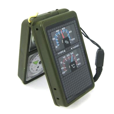 10 in 1 (Thermometer, Hygrometer, LED light, Reflector, Spirit level, Compass, Whistle, Flint, Magnifier, Ruler) Multi-Function